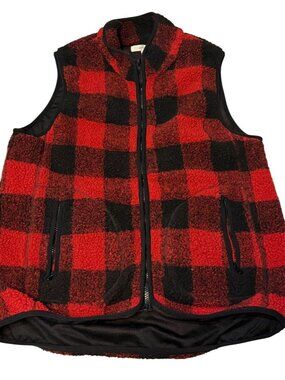VTG Entro Medium Buffalo Plaid Fleece Vest Red Black Lined Sherpa Full Zip 19x22